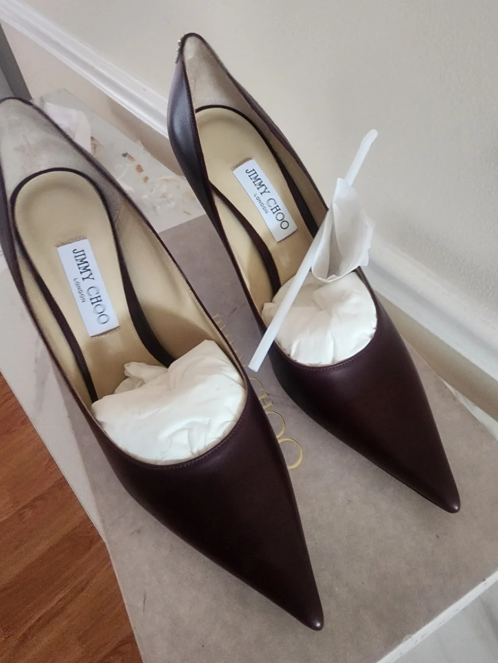 Jimmy Choo Pointed Toe Pumps in Burgundy with Gold Logo